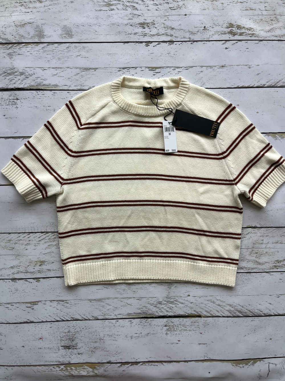 NWT Truth by Republic Ivory Brown Striped Short Sleeve Knit Sweater Top cropped - Picture 4 of 5